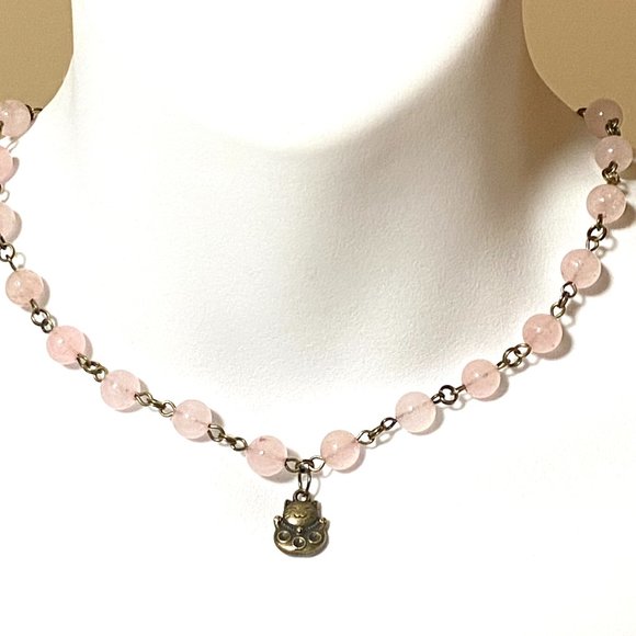 Natural Pink Rose Quartz Necklace, Bronze Fortune Cat + Genuine Gemstone Choker - Picture 2 of 14